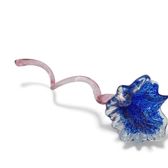 Studio Art Handblown Glass Flower Sculpture With Pink Curl Stem & Blue Bloom 14" - Picture 1 of 8
